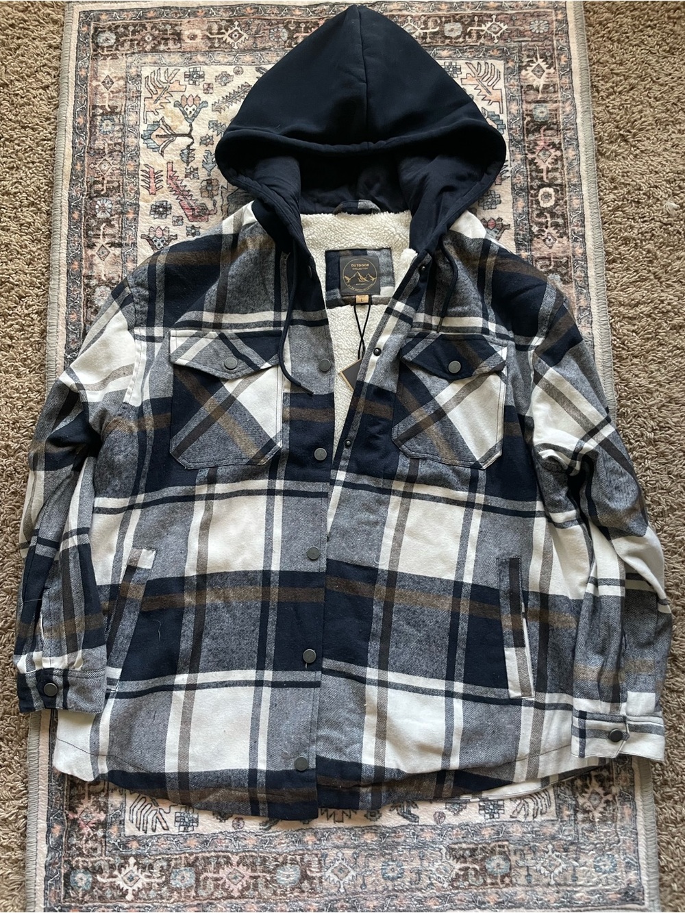 Plaid Hooded Shacket in Navy & white